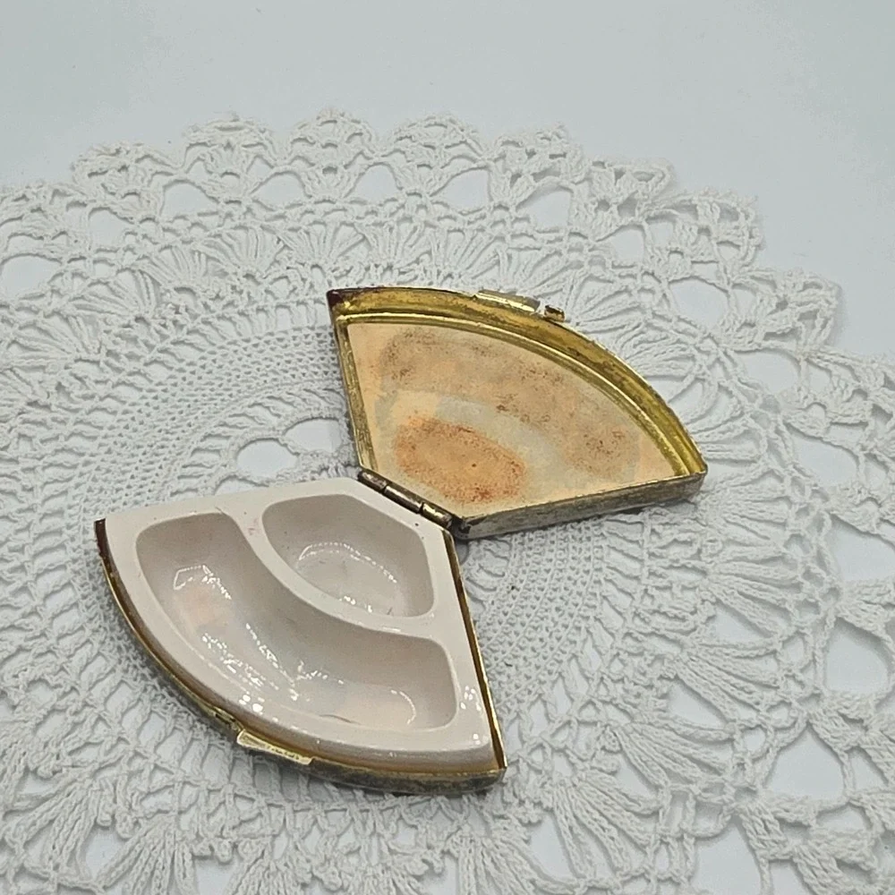 Vintage Pill Box Hong Kong Mixed Metals Gold Tone Sunburst Triangular Compact